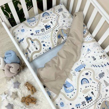 Постельное белье для новорожденного Baby Mix Железная дорога серый TM MSonya Підковдра на блискавці, 110 Х 90 см Наволочка, 40 Х 60 см Простирадло на гумці, 120 Х 60 см. 0391176 фото